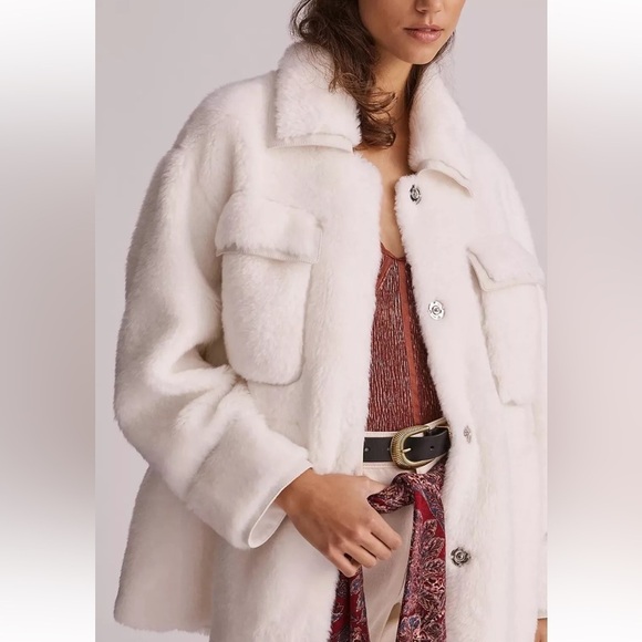 Anthropologie Maeve White Cinched Faux Fur Coat - Picture 1 of 16